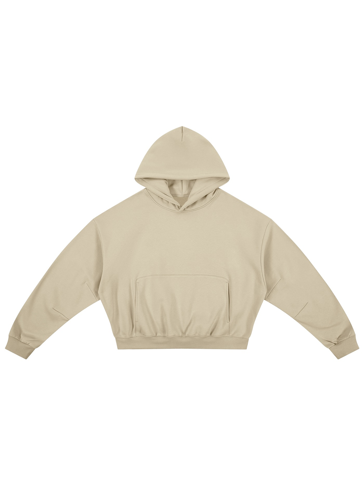 Unisex boxy darted sleeve hoodie in Apricot, front view on white. Marcel Afters