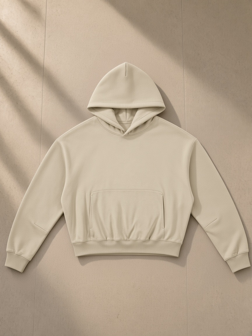 Unisex boxy darted sleeve hoodie in Apricot, laid flat on pale limestone