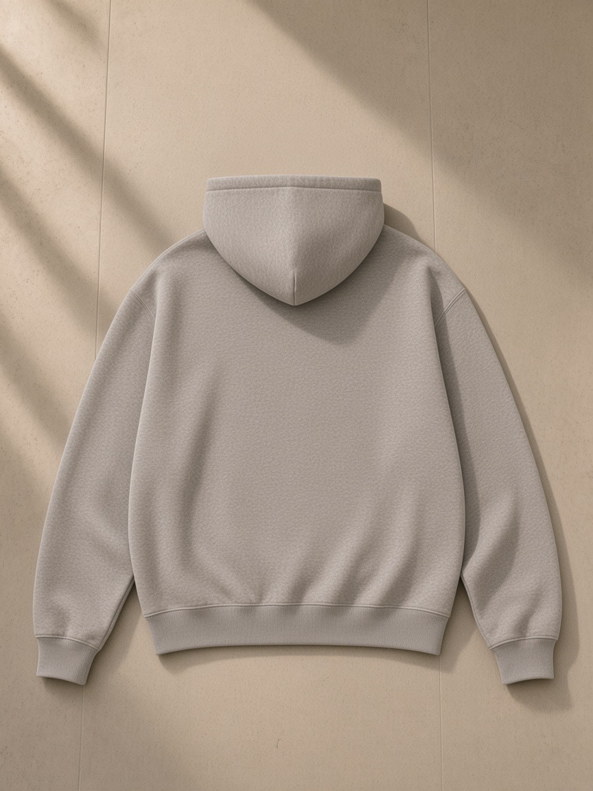 Contrast drawstring hoodie in Flower Gray, laid flat on pale limestone, back view