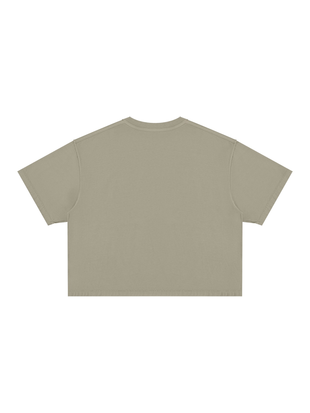 Unisex vintage wash boxy t-shirt in Khaki, back view on white. Marcel Afters
