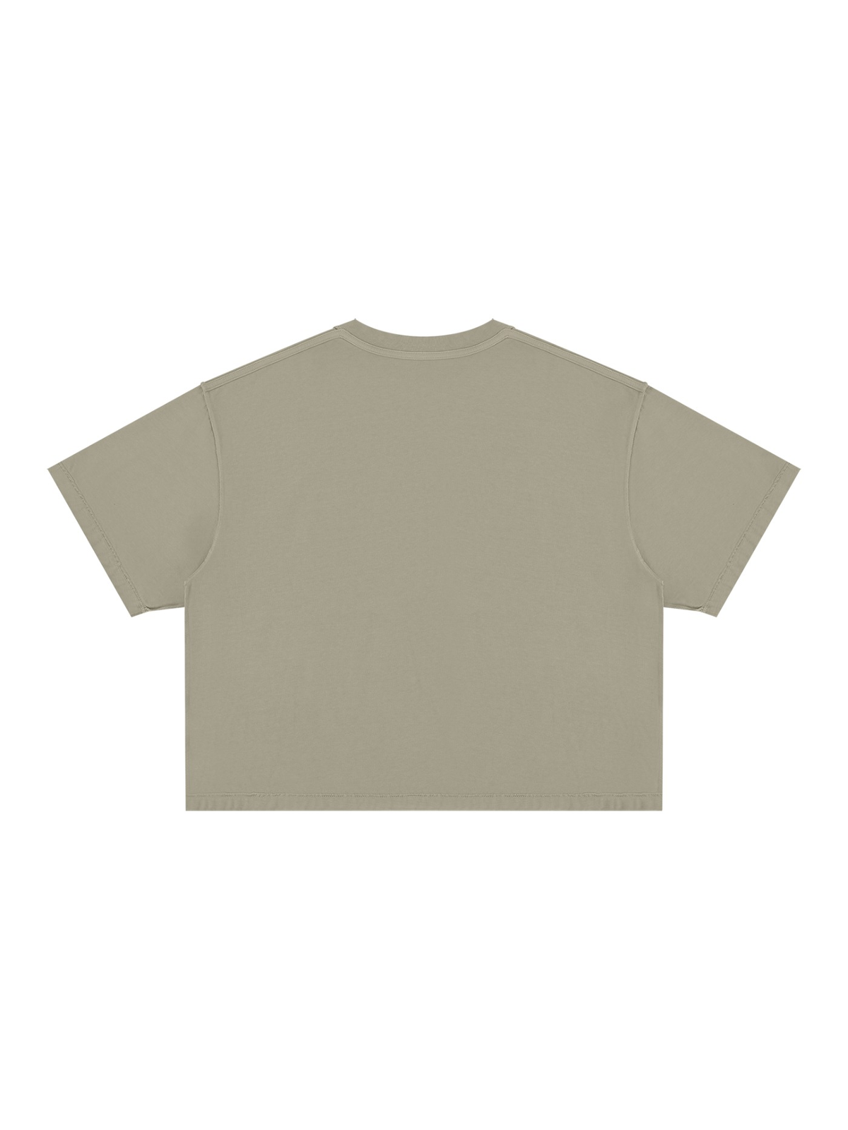 Unisex vintage wash boxy t-shirt in Khaki, back view on white. Marcel Afters