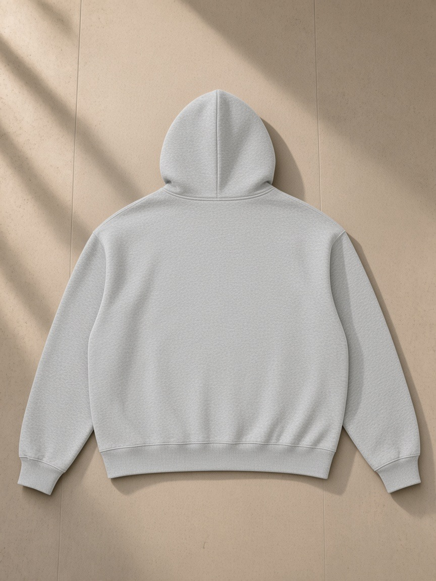 Unisex oversized heavyweight hoodie in Flower Gray, back view on white. Marcel Afters