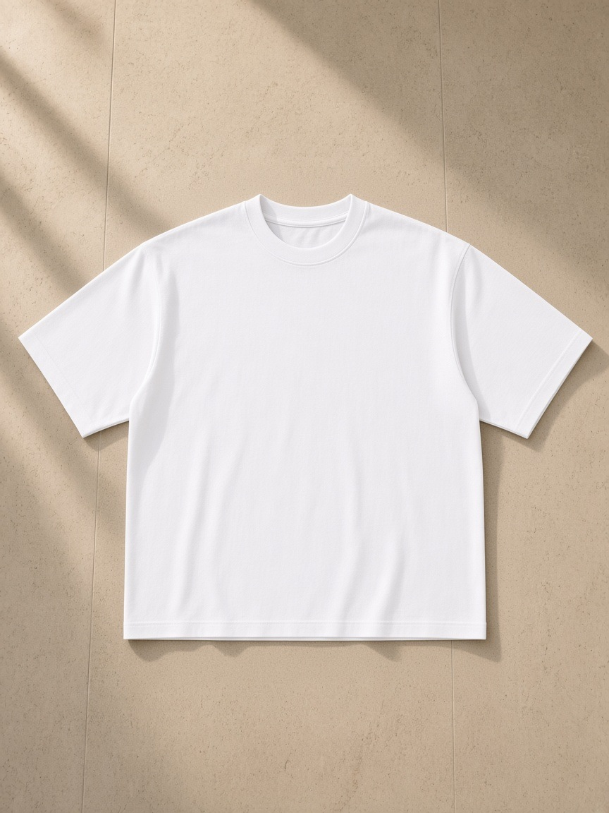 Men's Heavyweight Mineral Wash Boxy T-Shirt in White, laid flat on pale limestone