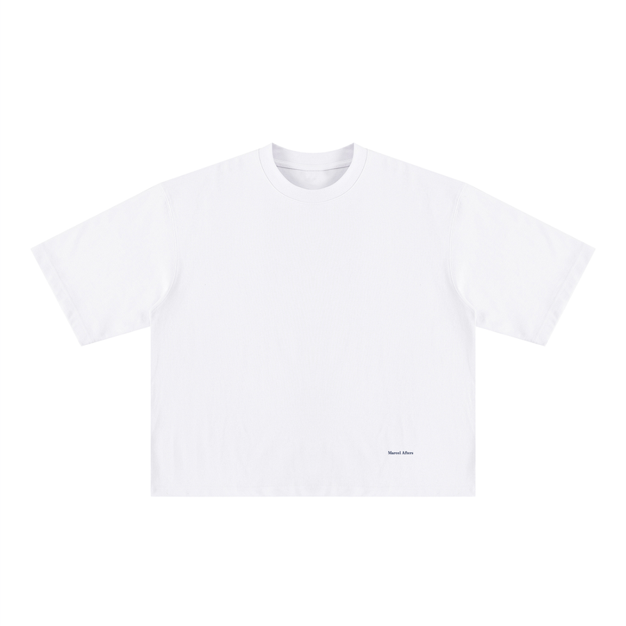 Men's Heavyweight Mineral Wash Boxy T-Shirt in White, front view, small Marcel Afters wordmark at the lower left front.