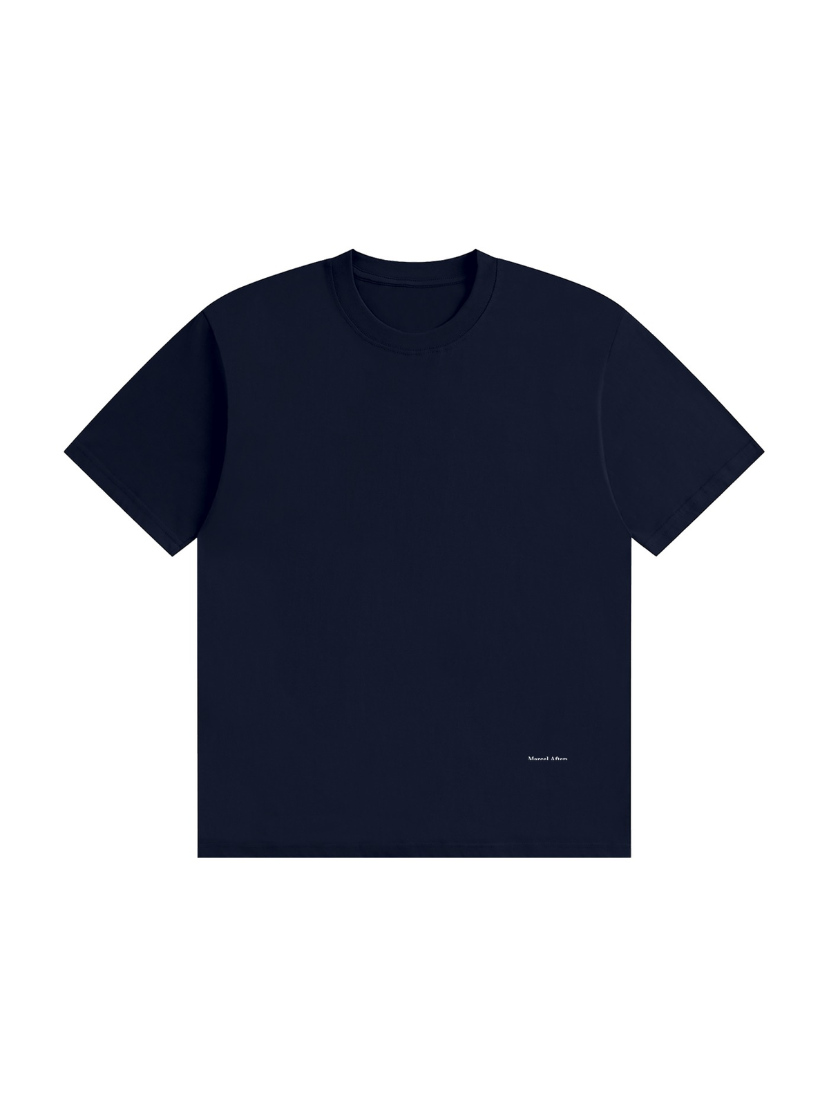 Unisex seamless cotton t-shirt in Navy Blue, front view on white. Marcel Afters