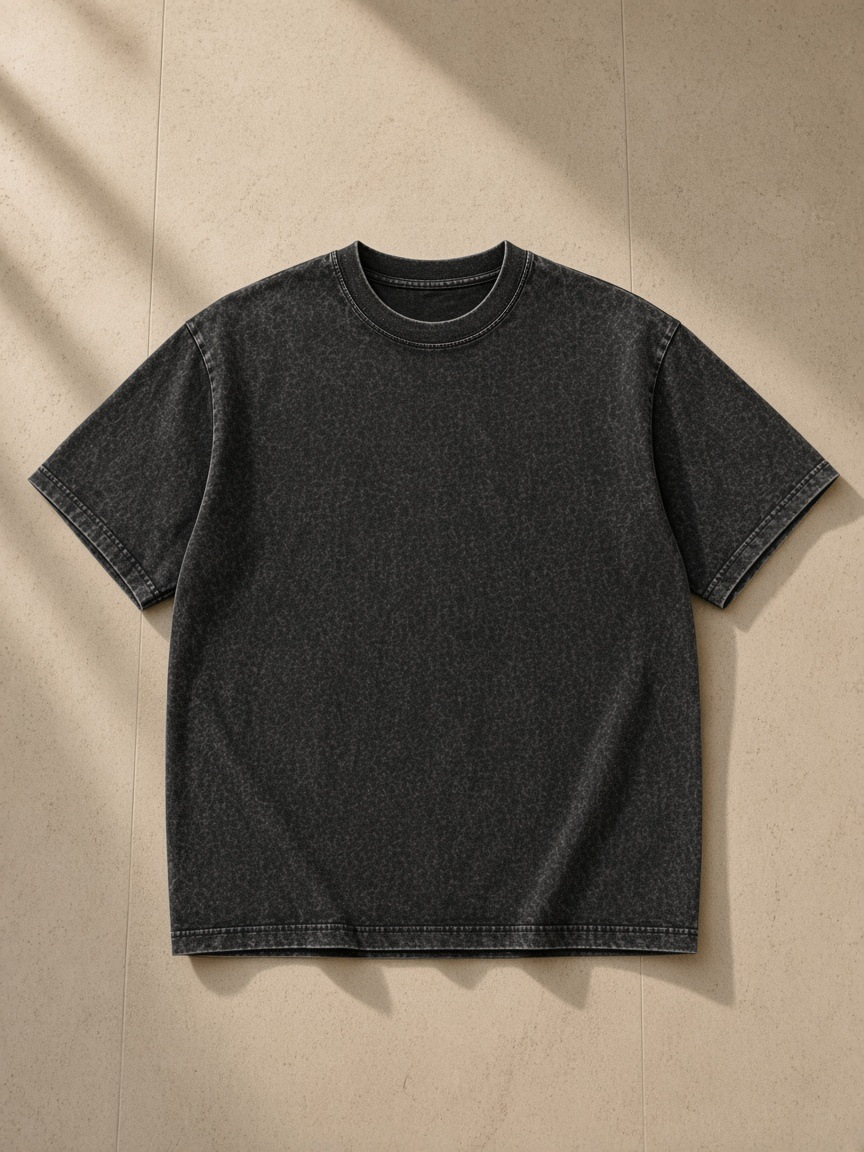 Unisex Mineral Wash Oversized T-Shirt in Black, laid flat on pale limestone