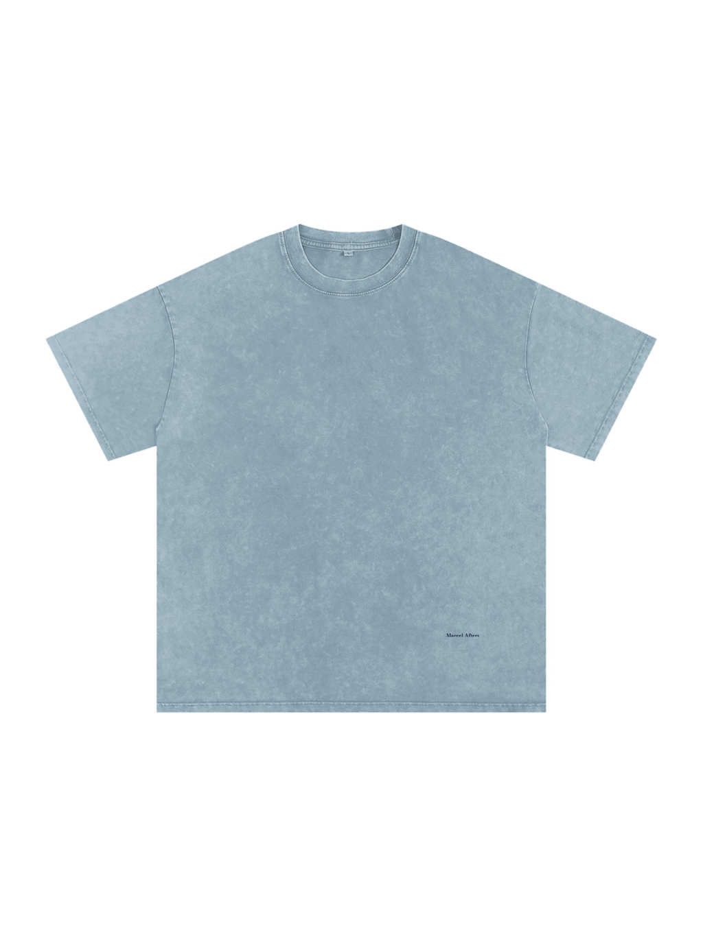 Unisex snow washed oversized cotton t-shirt in Blue Jeans, front view on white. Marcel Afters