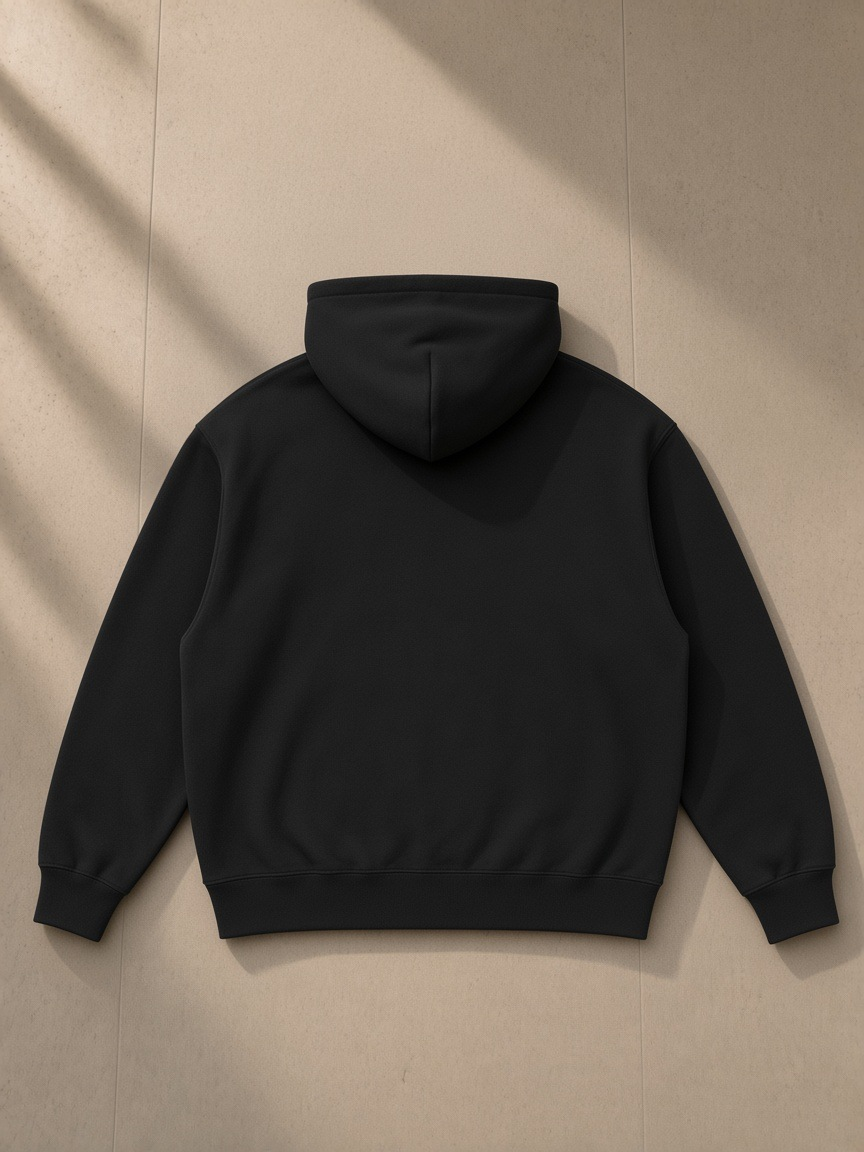 Oversized boxy fit fleece hoodie in Black, laid flat on pale limestone, back view