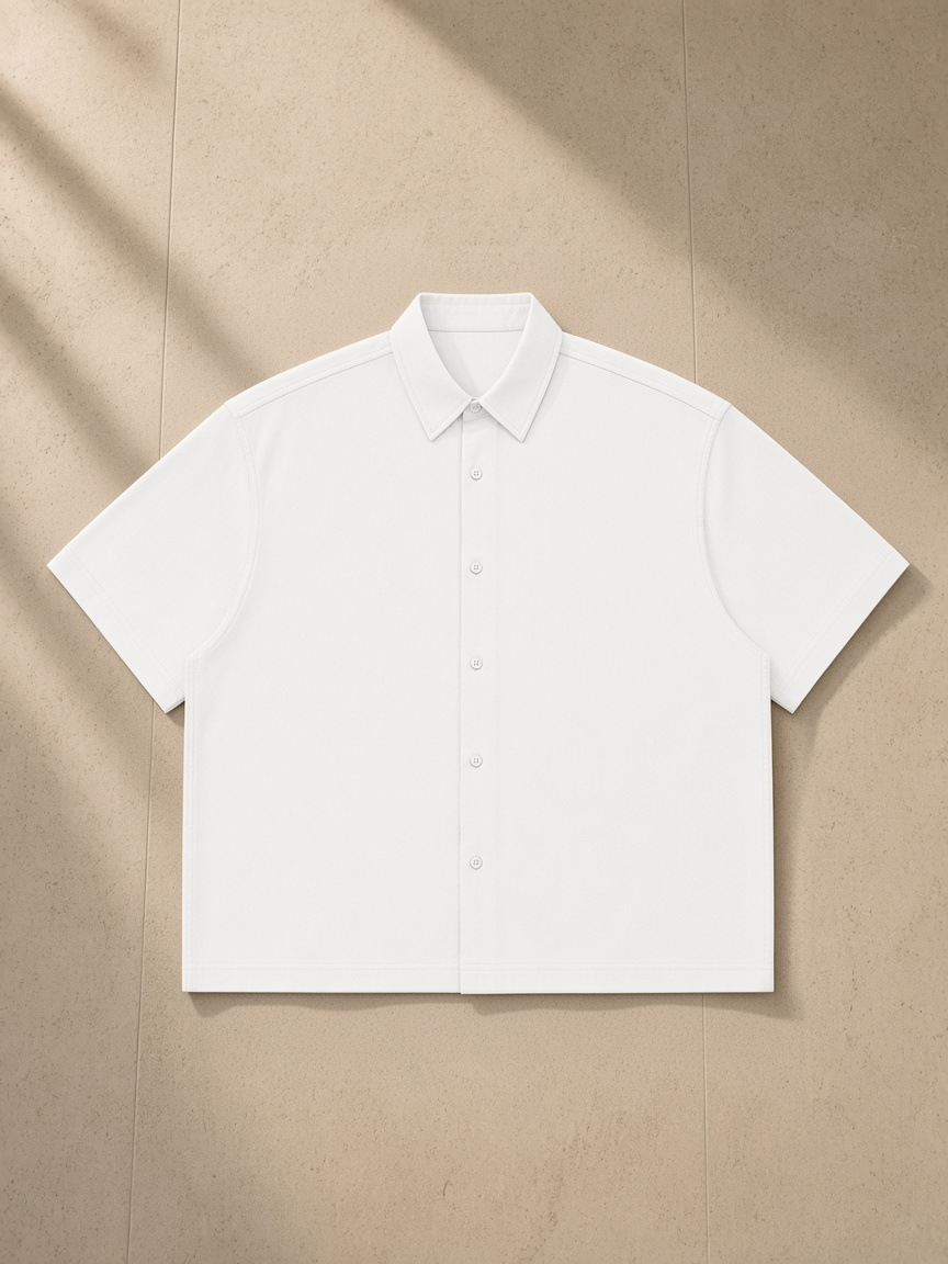 Boxy Short Sleeve Shirt in White, laid flat on pale limestone