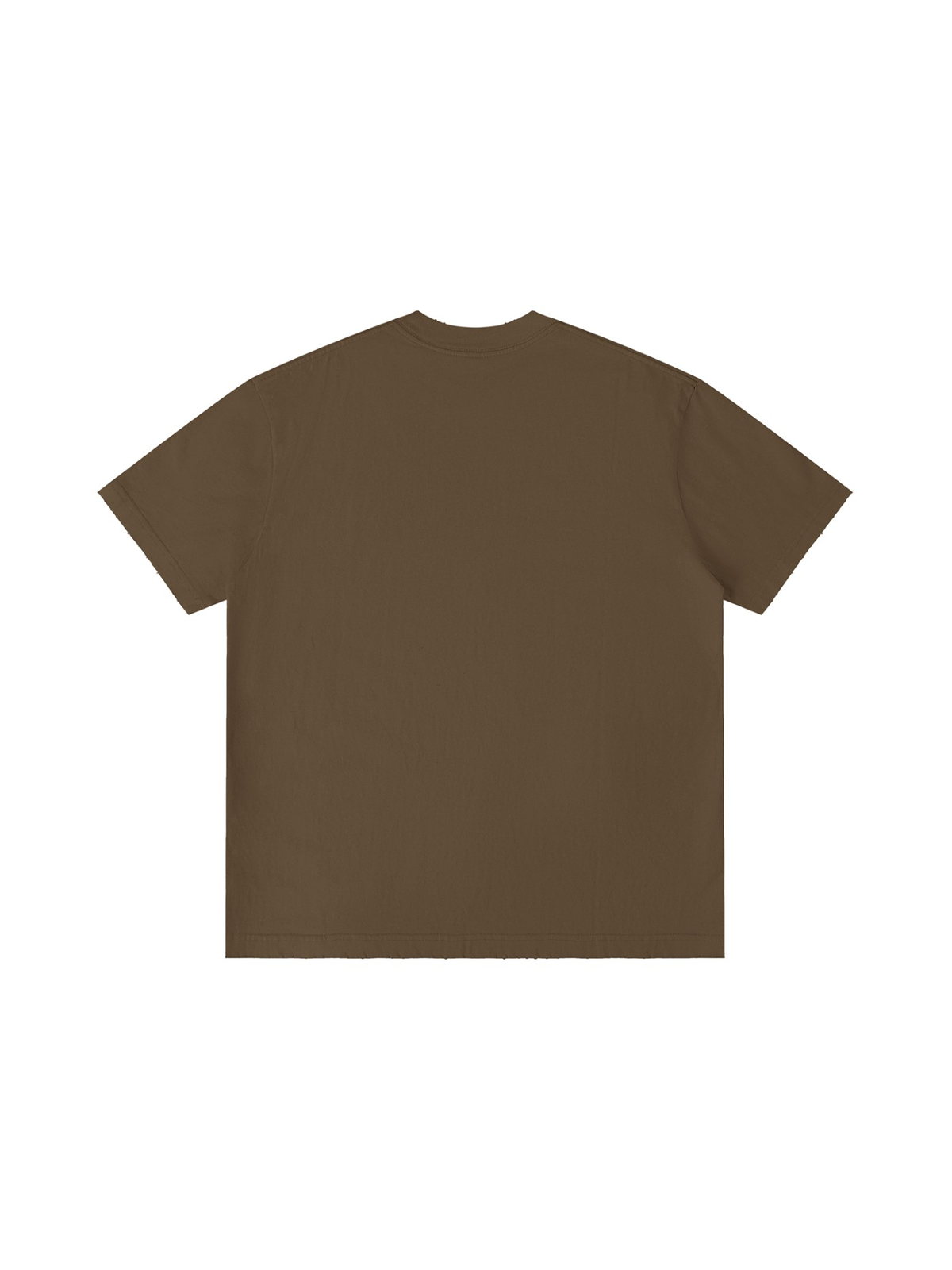 Unisex vintage wash distressed t-shirt in Coffee, back view on white. Marcel Afters