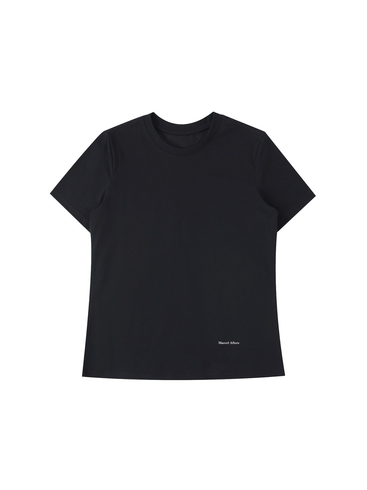 Women's standard shoulder t-shirt in Black, front view on white. Marcel Afters