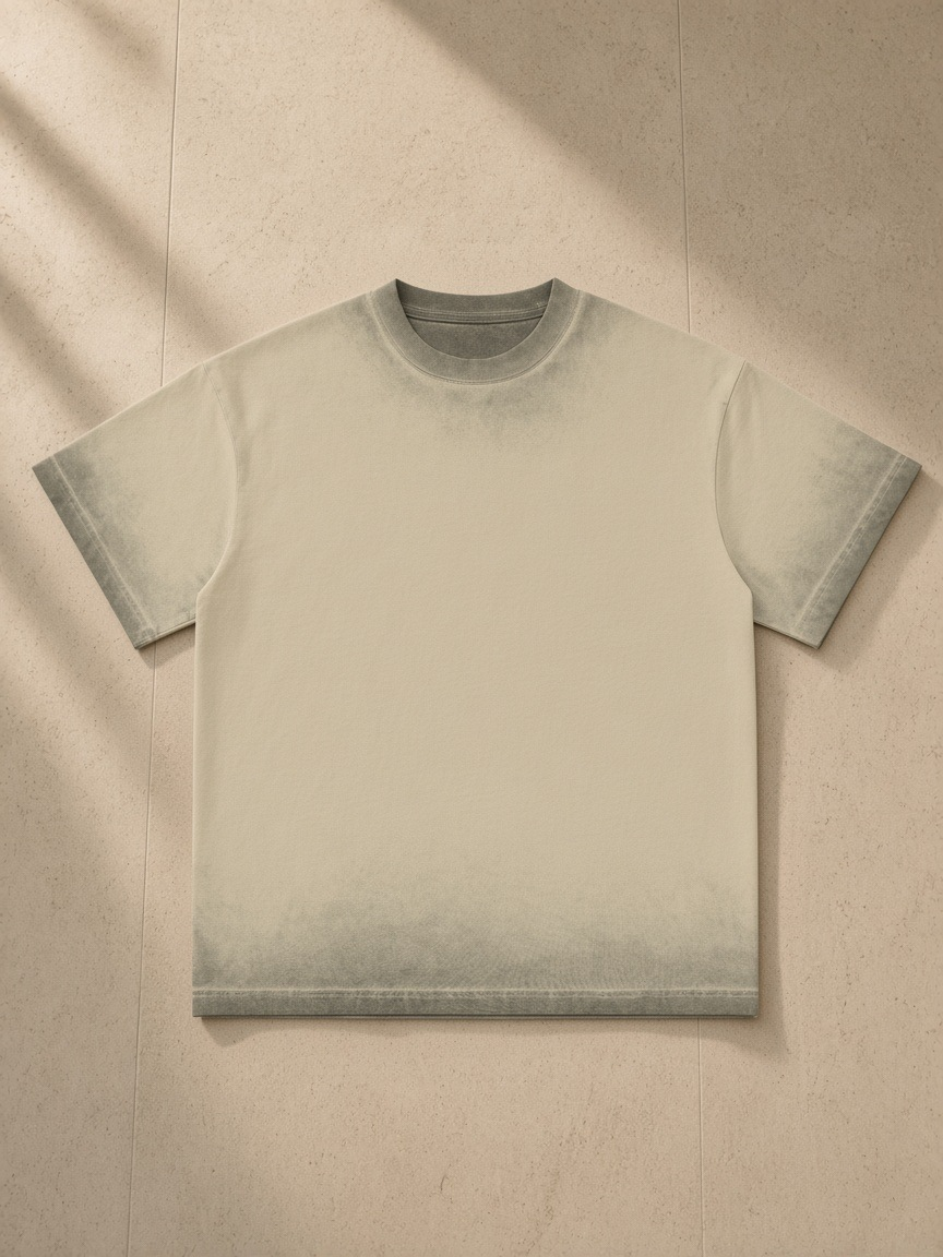 Reverse dyed loose cotton t-shirt in Khaki, laid flat on pale limestone