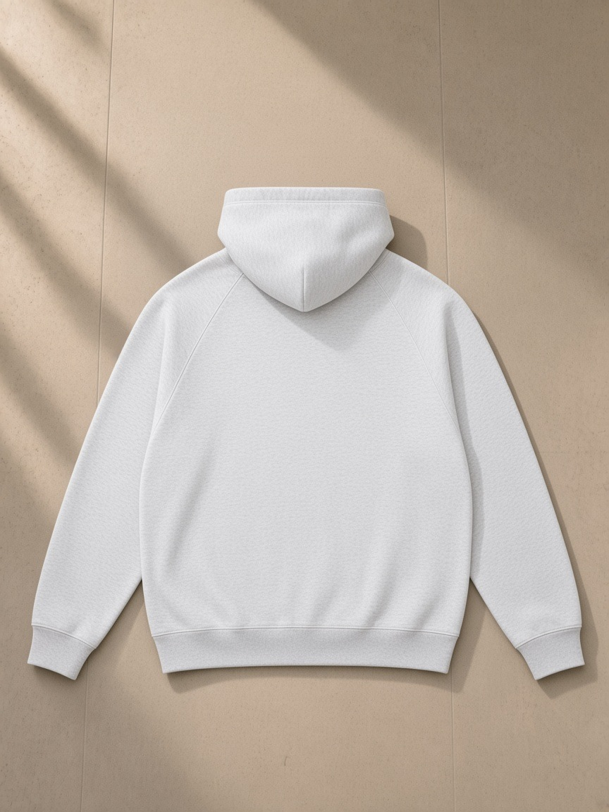 Oversized Raglan Pullover Hoodie in Flower Gray, laid flat on pale limestone, back view