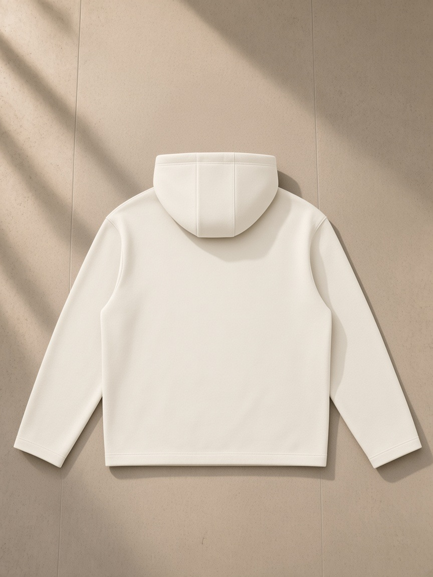 Unisex paneled full zip hoodie in Beige, laid flat on pale limestone, back view