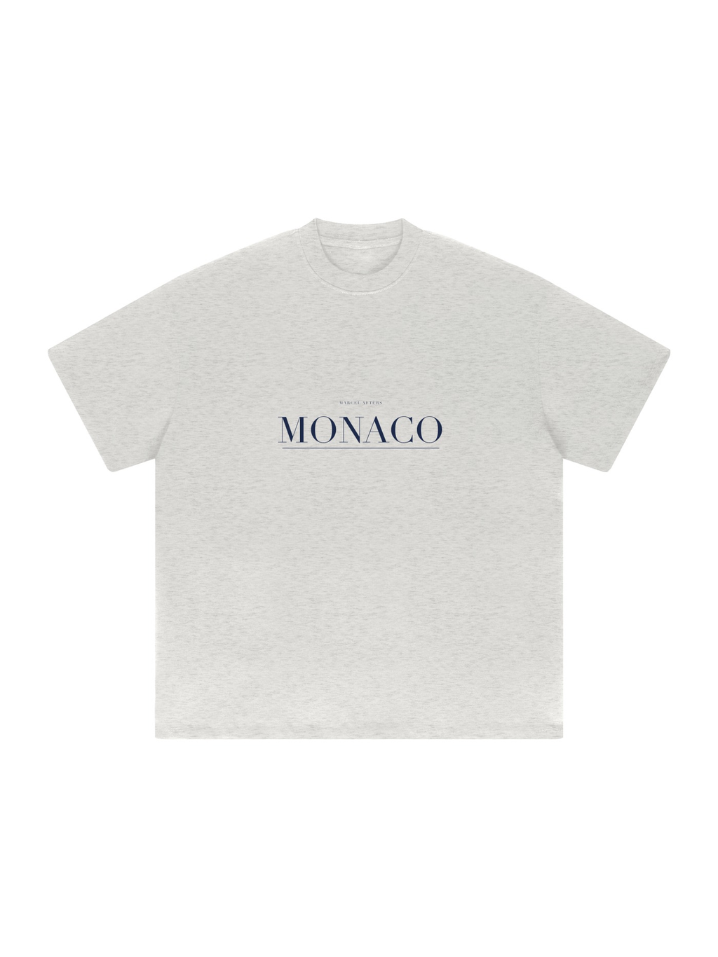Monaco Heavyweight Drop Shoulder T-Shirt by Marcel Afters in Oat Gray, front view with the printed artwork, on white