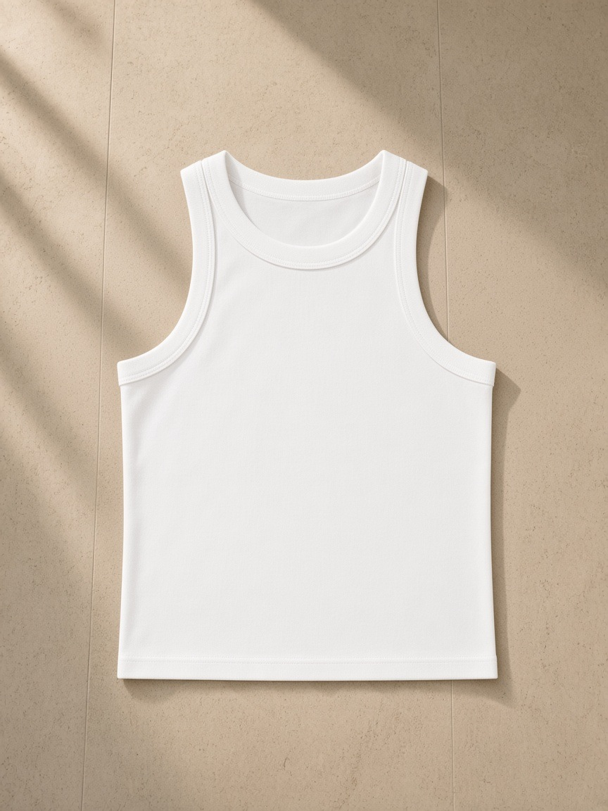 Snow Washed Tank Top in White, laid flat on pale limestone