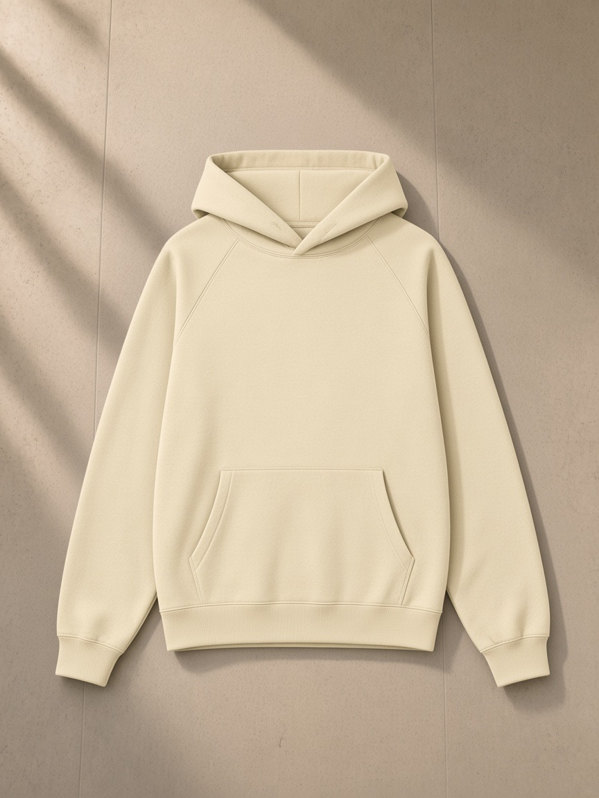 Essential Raglan Sleeve Fleece Hoodie in Apricot, laid flat on pale limestone