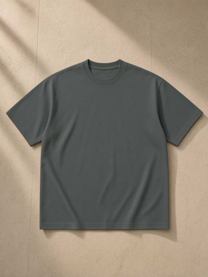 Heavyweight Drop Shoulder T-Shirt in Dark Gray, laid flat on pale limestone