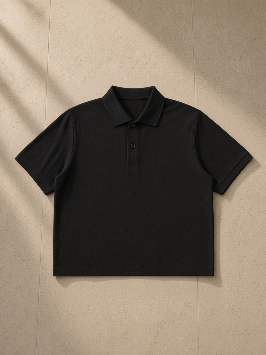 Cropped polo shirt in Black, laid flat on pale limestone