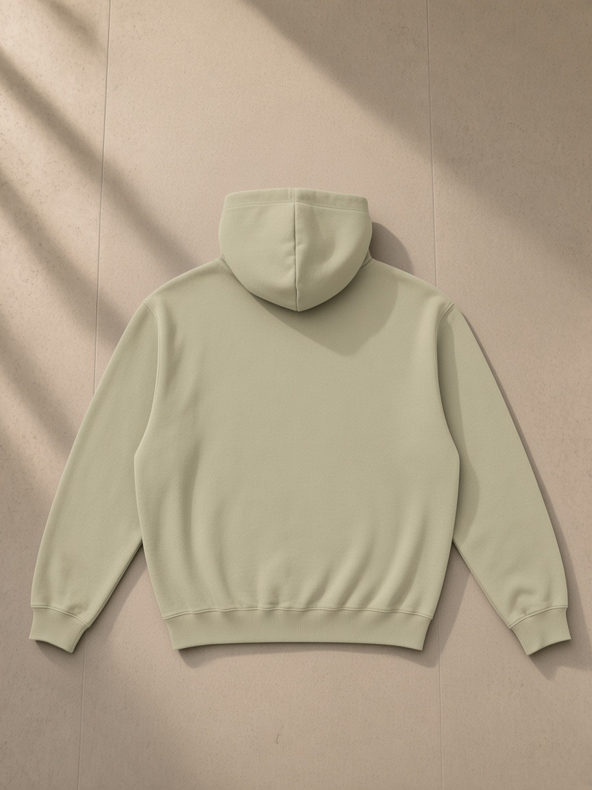 Fleeced boxy hoodie in Gray Green, laid flat on pale limestone, back view