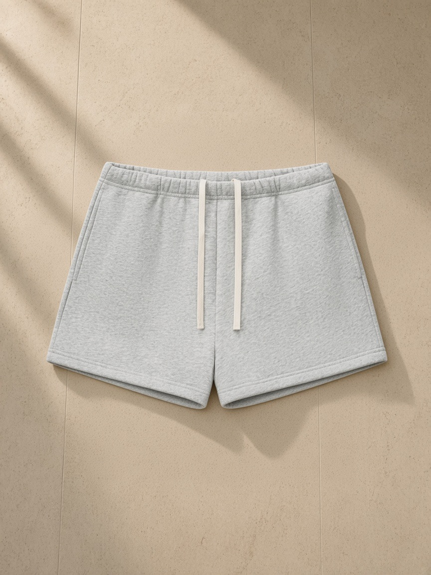 Unisex fleece drawstring sweatshorts in Flower Gray, laid flat on pale limestone