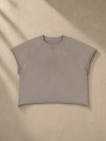 Unisex vintage wash raw edge boxy t-shirt in Khaki Ash, front view on white. Marcel Afters