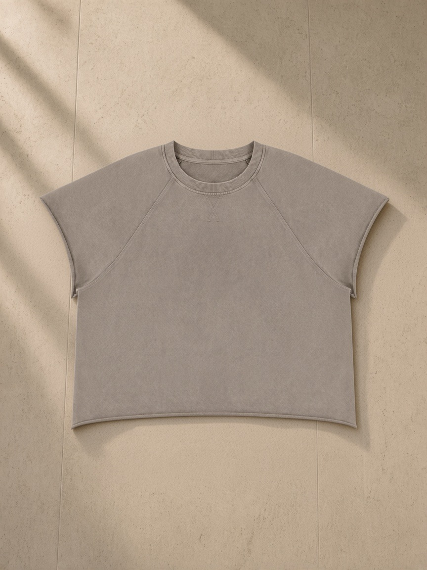 Unisex vintage wash raw edge boxy t-shirt in Khaki Ash, front view on white. Marcel Afters