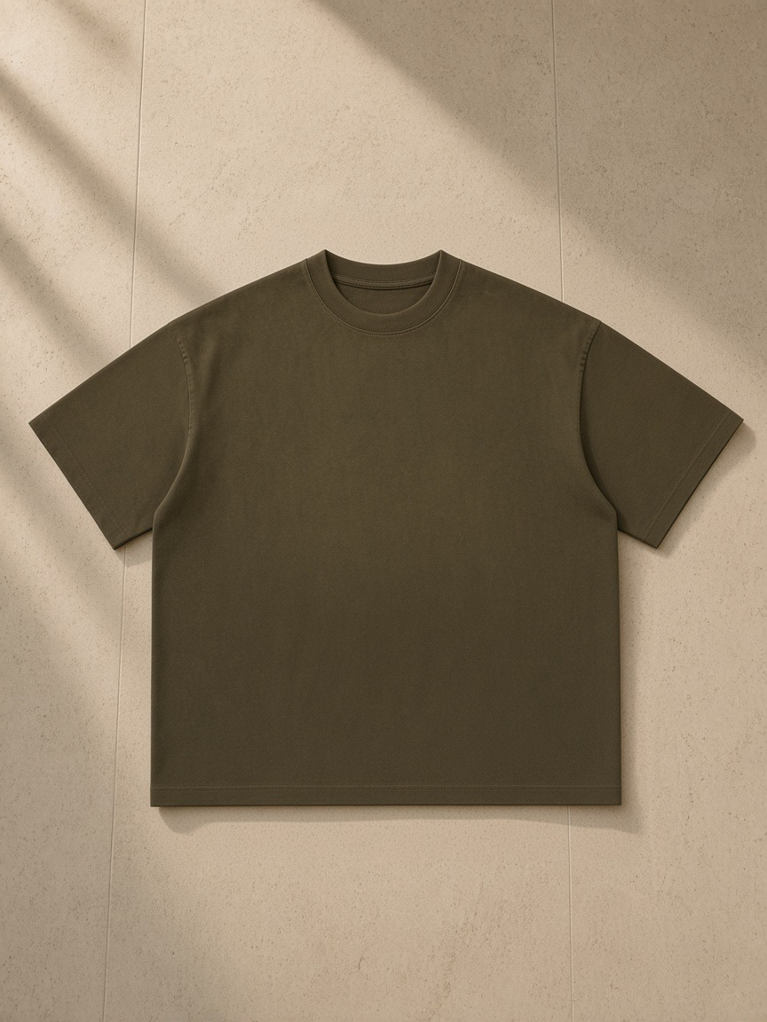 Unisex sun fade distressed boxy t-shirt in Army Green, laid flat on pale limestone