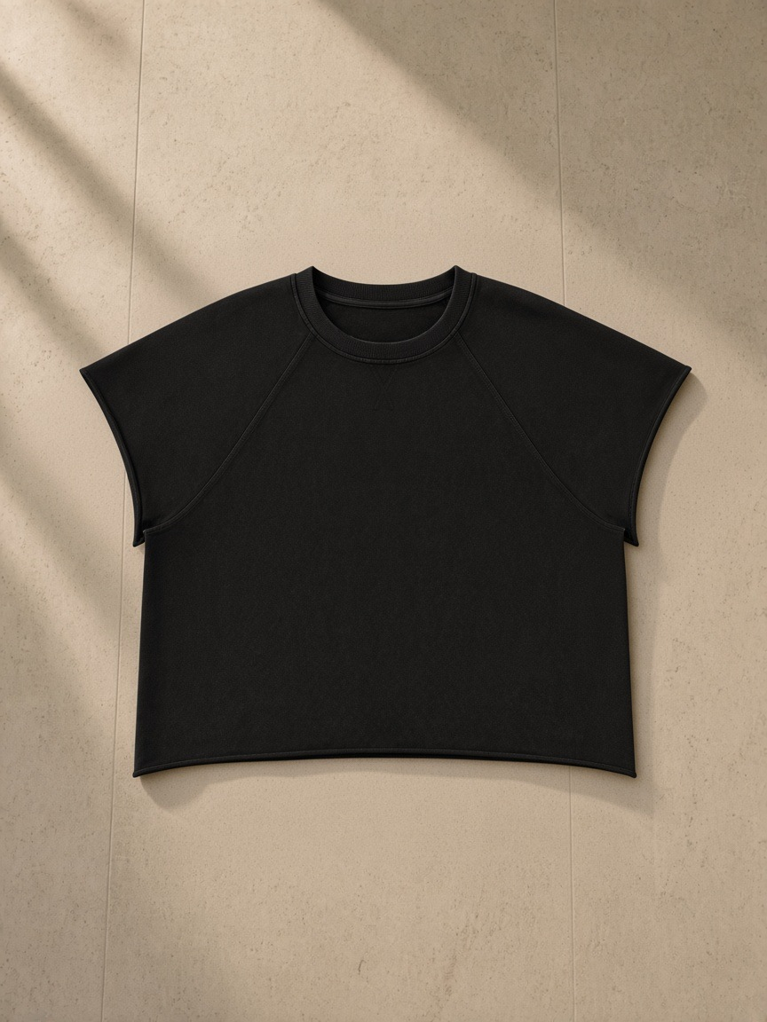 Unisex vintage wash raw edge boxy t-shirt in Black, laid flat on pale limestone