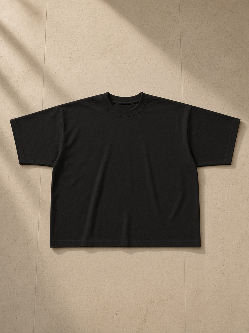 Oversized one-piece boxy t-shirt in Black, laid flat on pale limestone