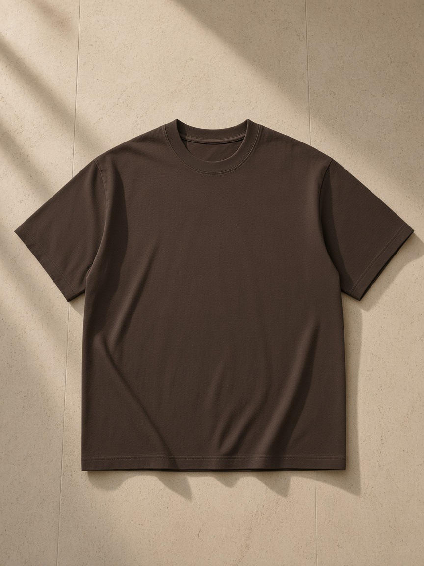 Women's Oversized T-Shirt in Coffee, laid flat on pale limestone