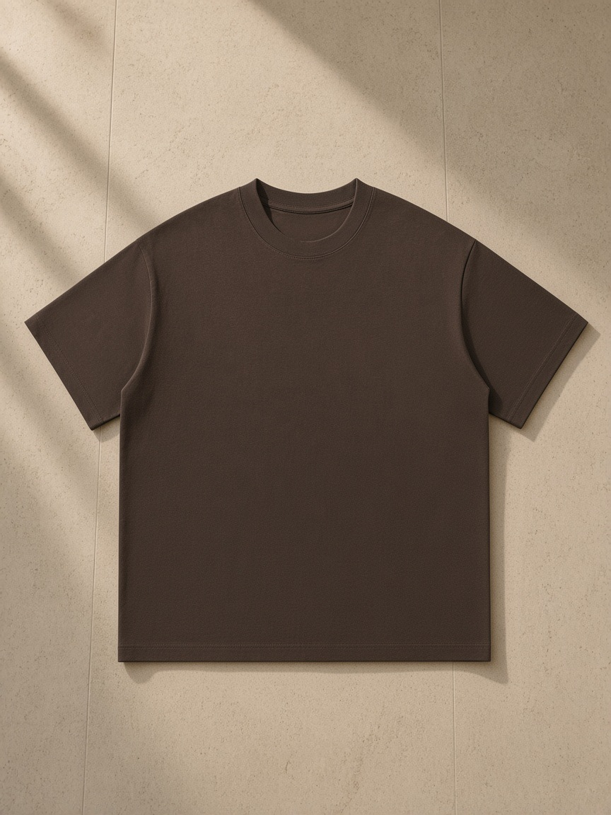 Men's Oversized T-Shirt in Coffee, laid flat on pale limestone