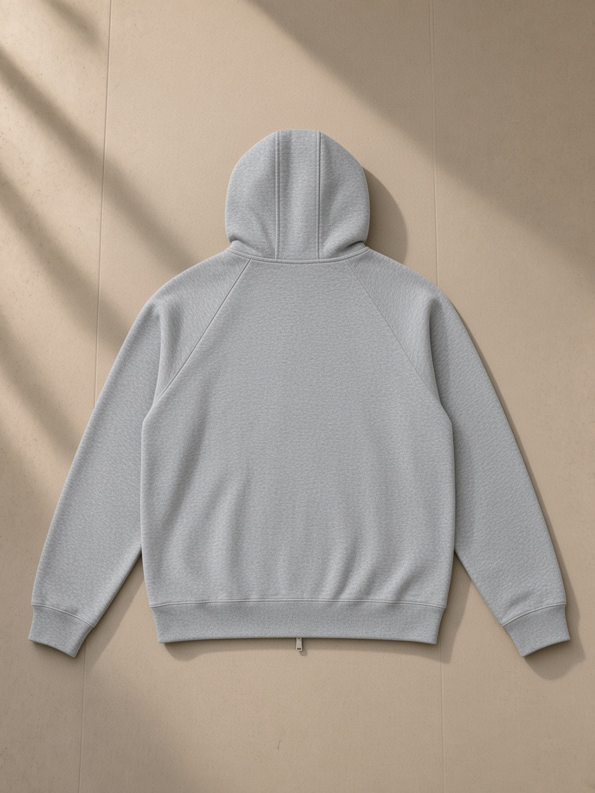 Unisex heavyweight raglan sleeve zip hoodie in Flower Gray, laid flat on pale limestone, back view