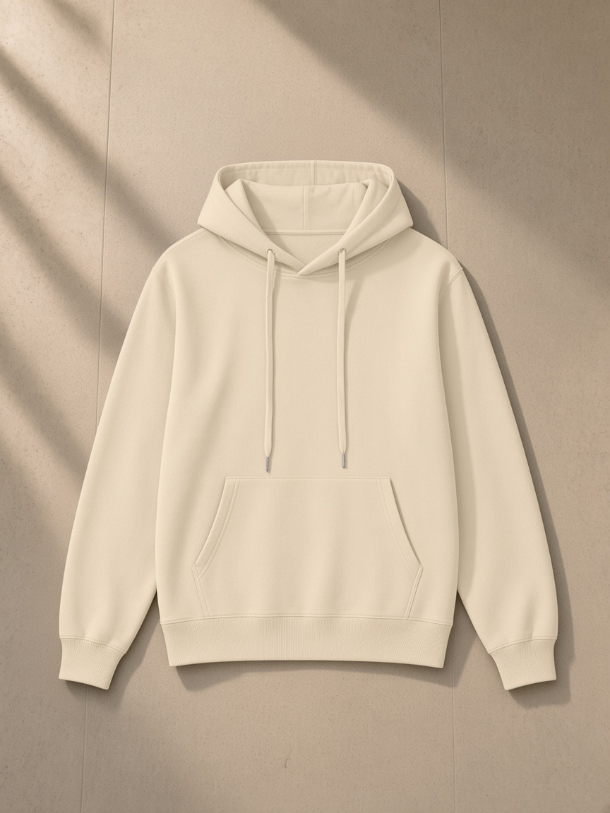 Unisex classic cotton hoodie in Apricot, laid flat on pale limestone