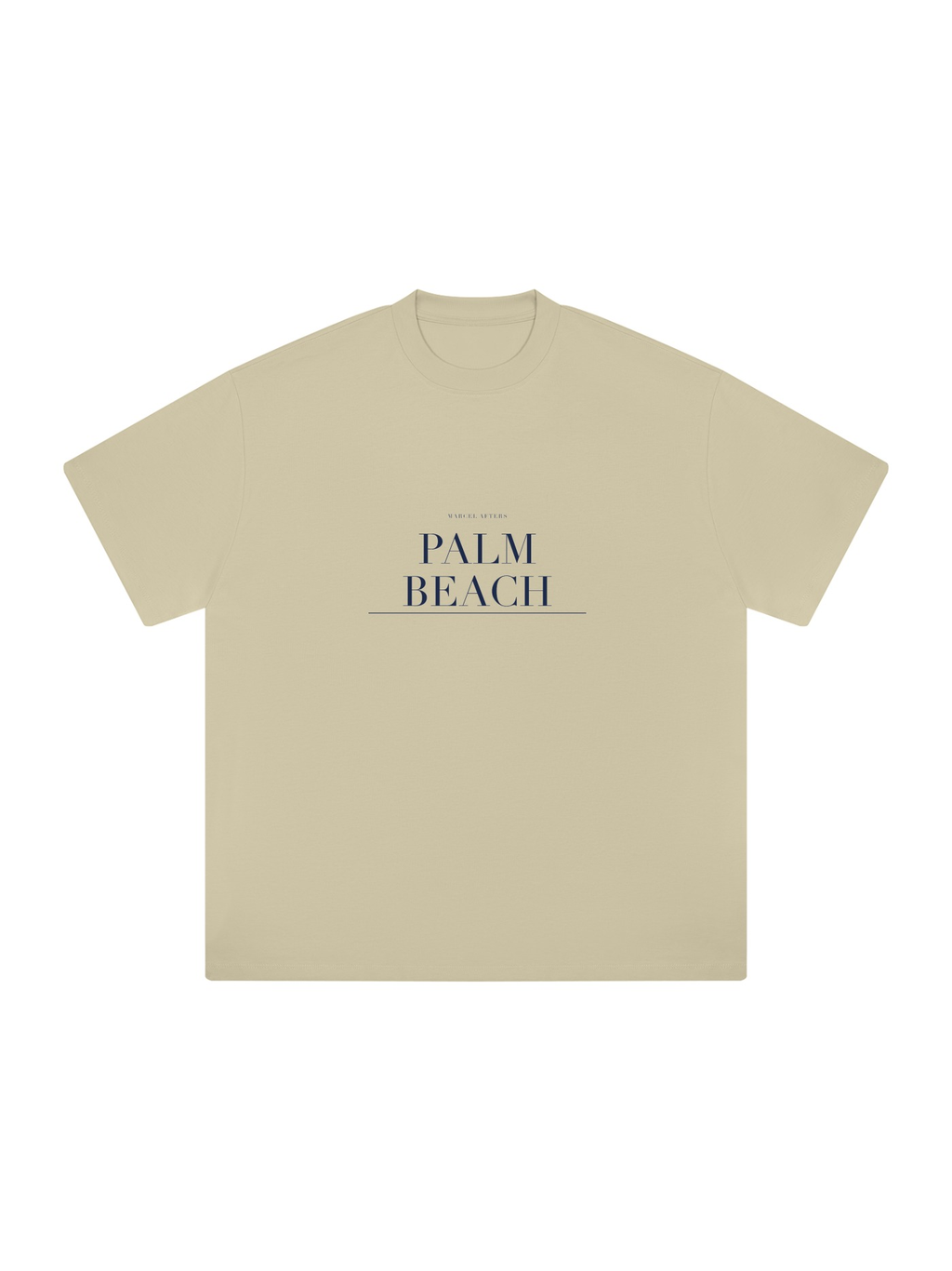 Palm Beach Heavyweight Drop Shoulder T-Shirt by Marcel Afters in Pale Khaki, front view with the printed artwork, on white