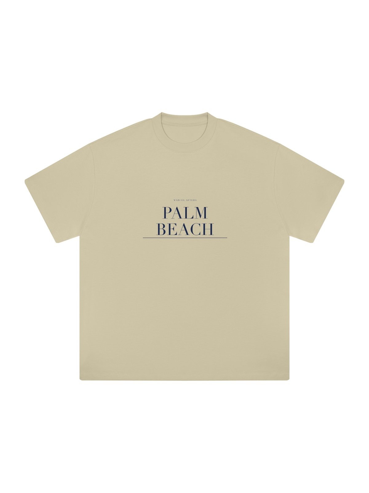 Palm Beach Heavyweight Drop Shoulder T-Shirt by Marcel Afters in Pale Khaki, front view with the printed artwork, on white