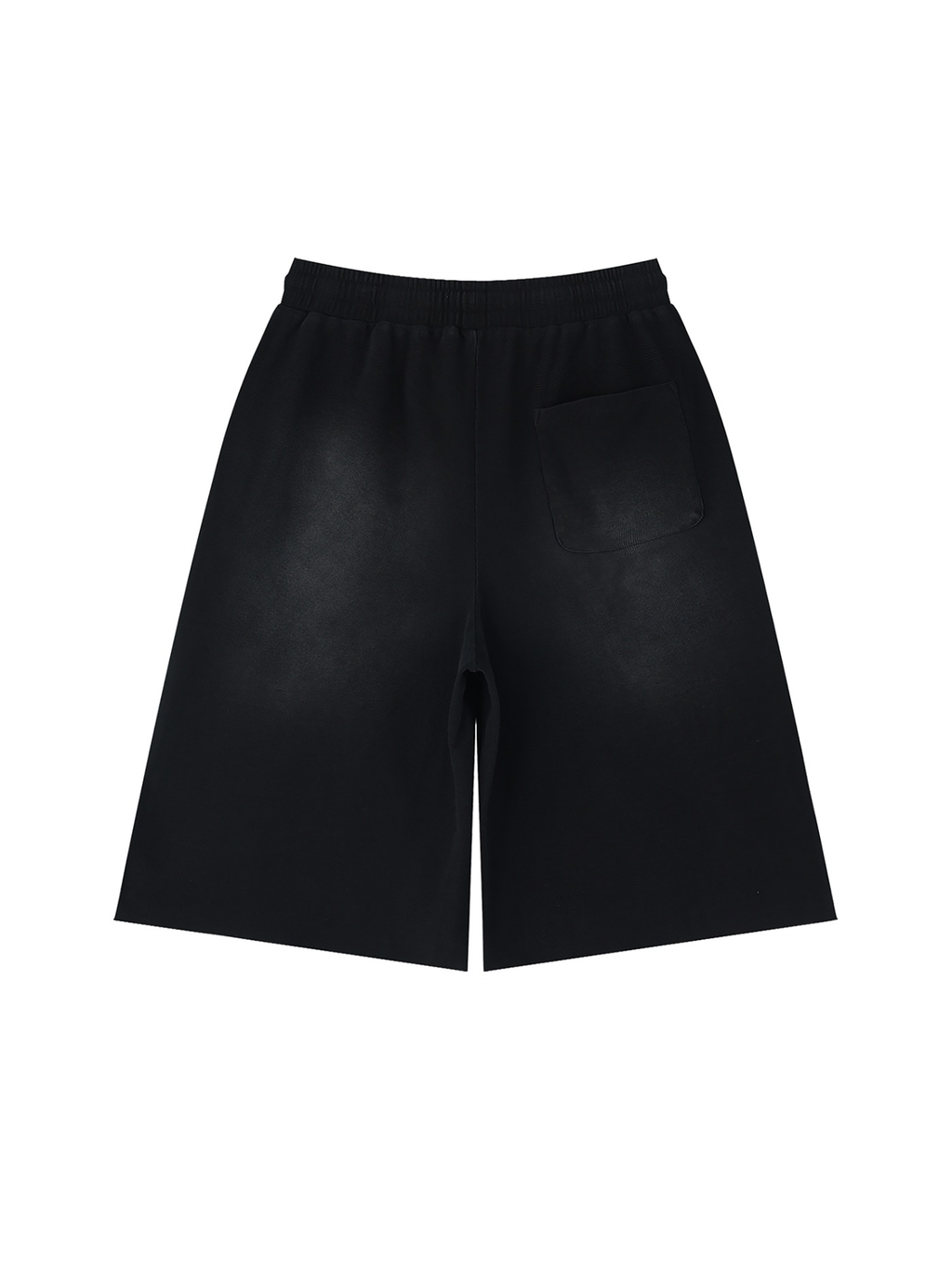Unisex sunfade raw edge shorts in Black, back view on white. Marcel Afters