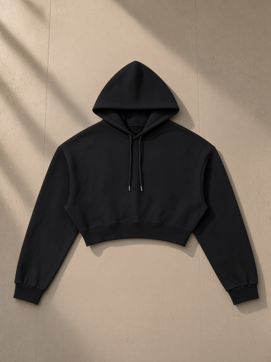 Essential Cropped Hoodie in Black, laid flat on pale limestone