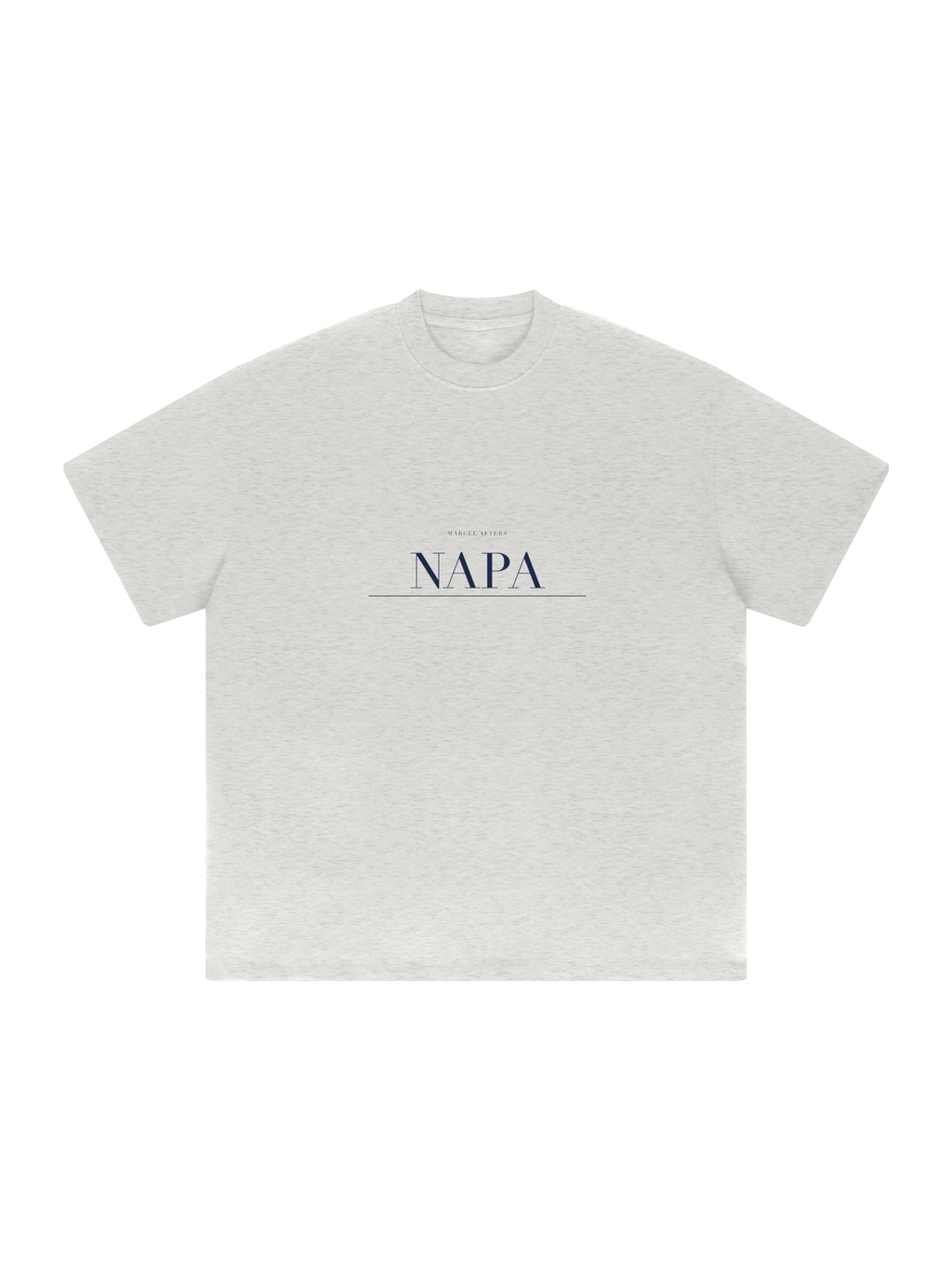 Napa Heavyweight Drop Shoulder T-Shirt by Marcel Afters in Oat Gray, front view with the printed artwork, on white