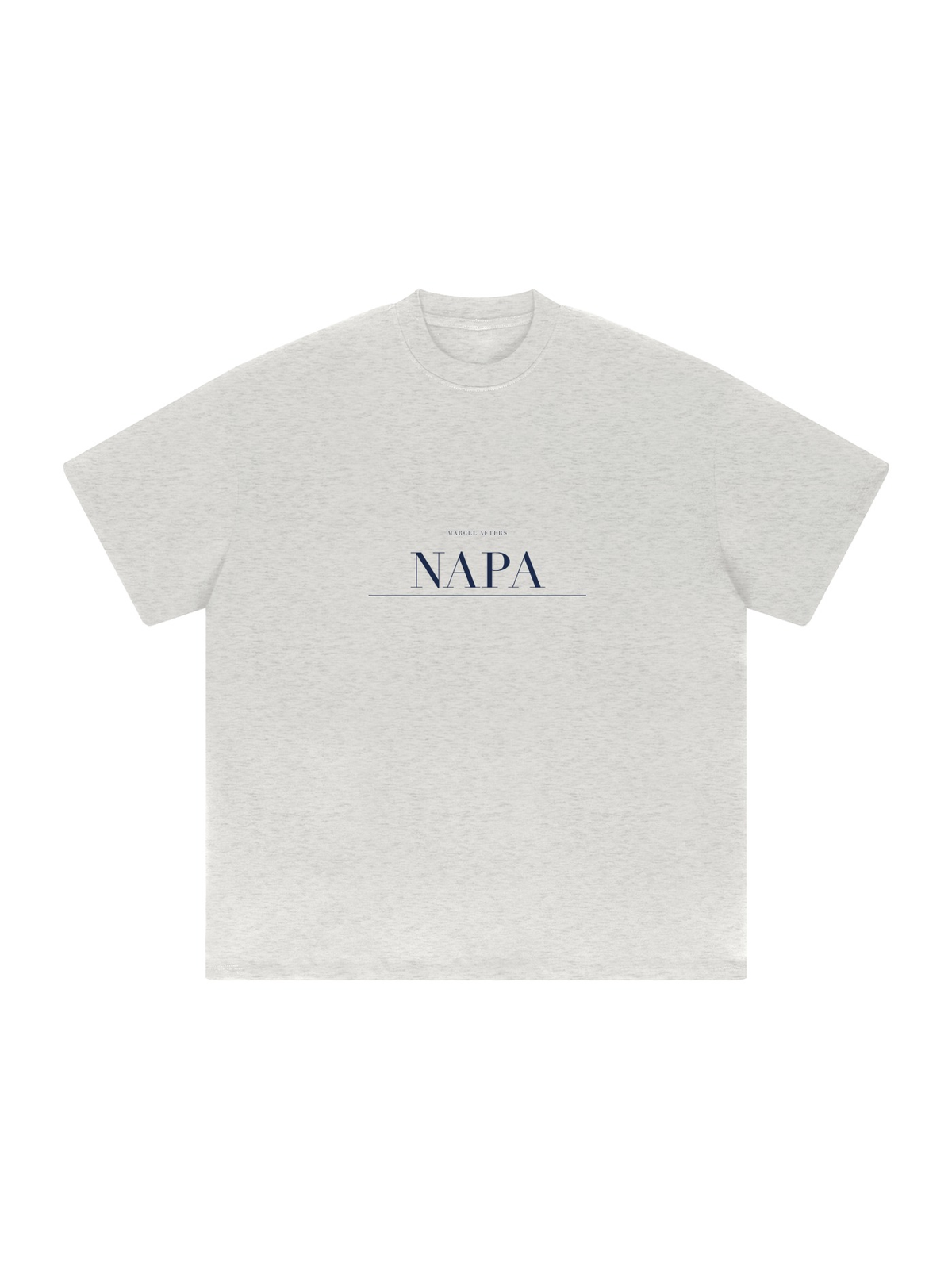 Napa Heavyweight Drop Shoulder T-Shirt by Marcel Afters in Oat Gray, front view with the printed artwork, on white