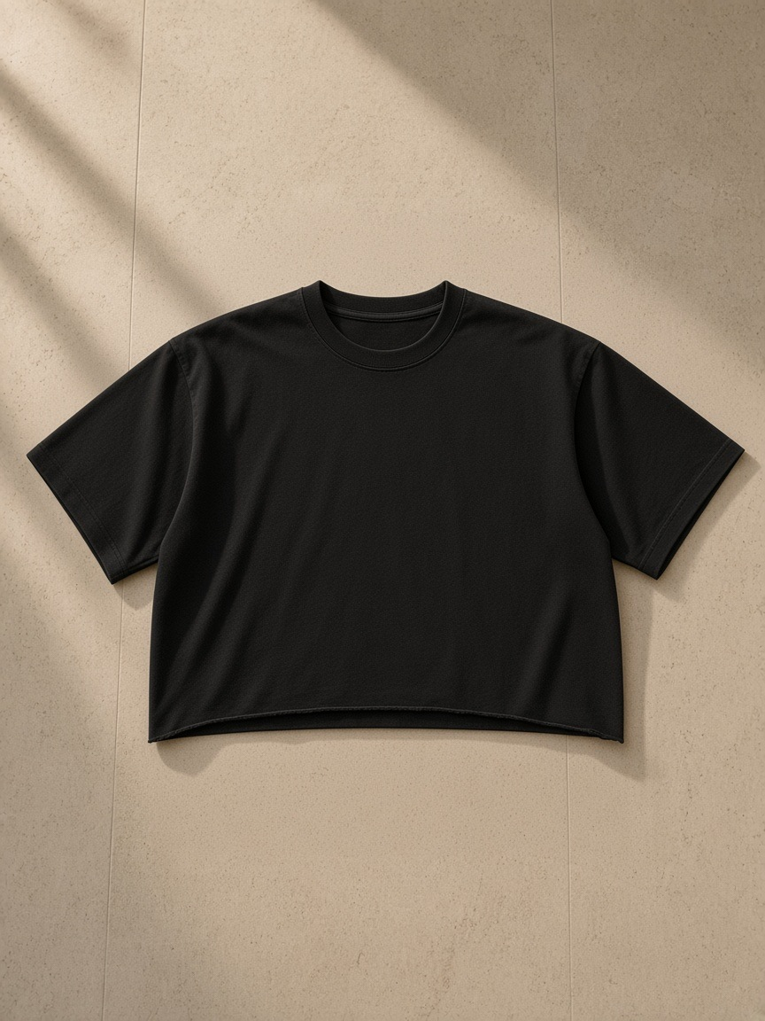 Unisex snow washed raw edge crop top in Black, laid flat on pale limestone