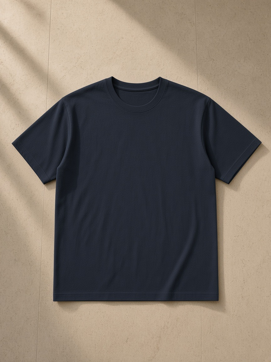 Pure Cotton T-Shirt in Dark Blue, laid flat on pale limestone