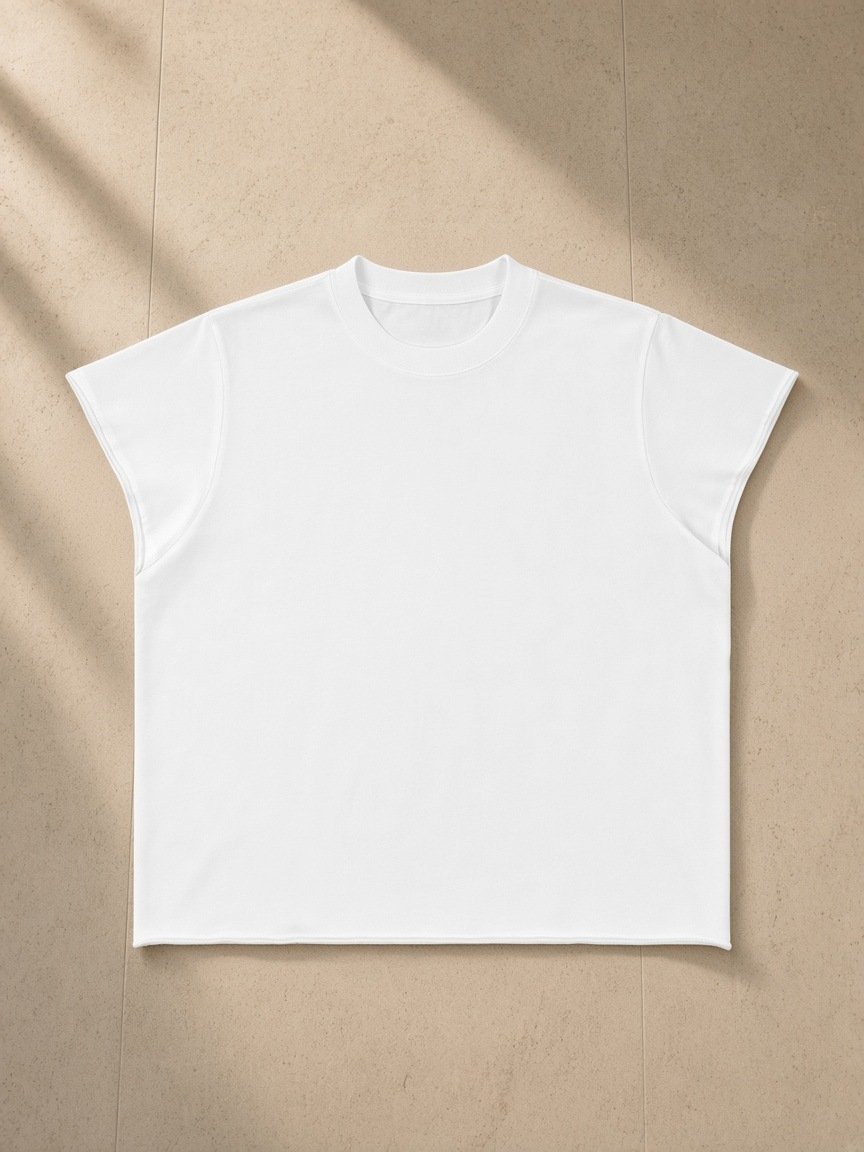 Unisex boxy raw edge t-shirt in White, front view on white. Marcel Afters