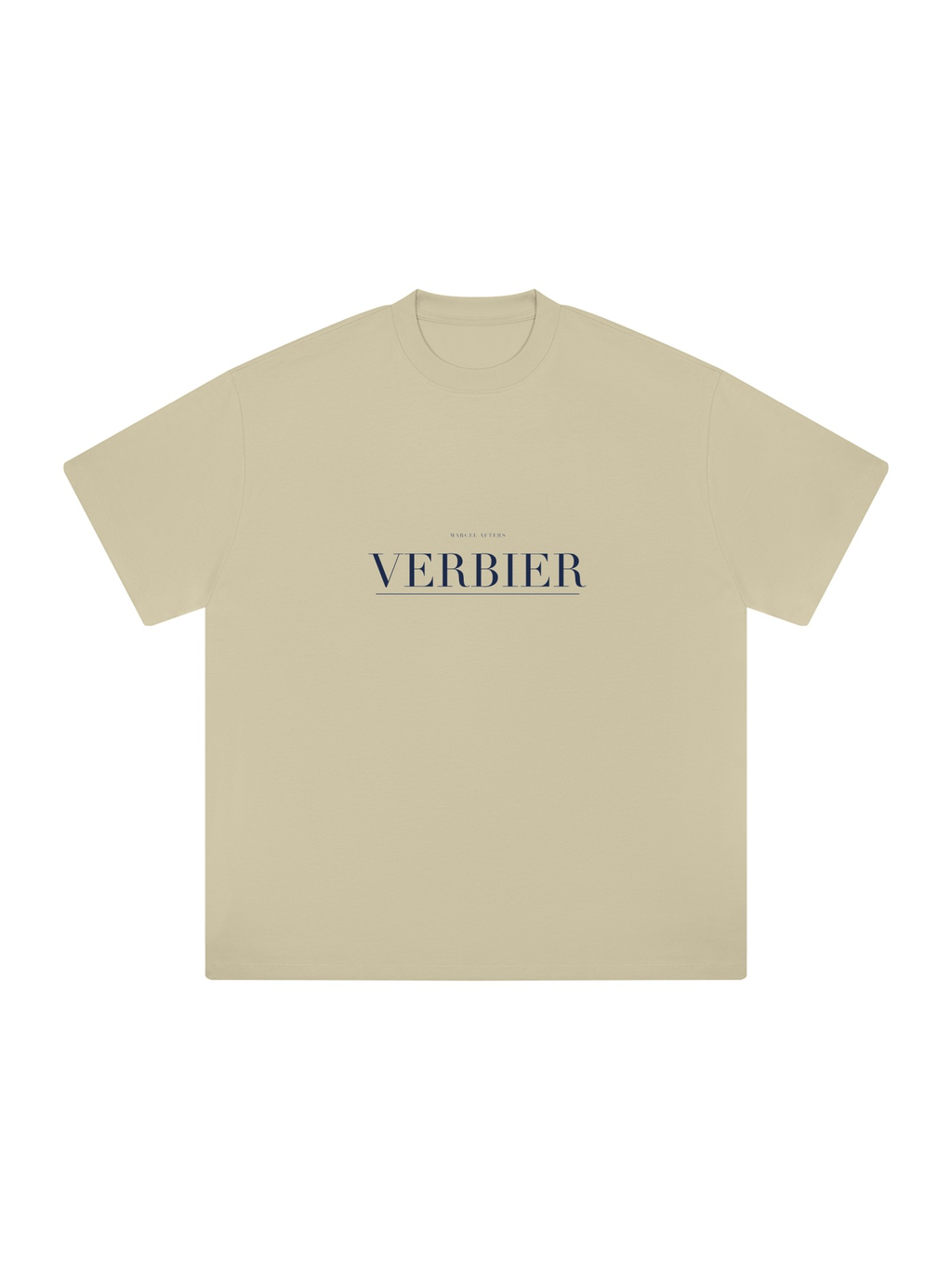 Verbier Heavyweight Drop Shoulder T-Shirt by Marcel Afters in Pale Khaki, front view with the printed artwork, on white