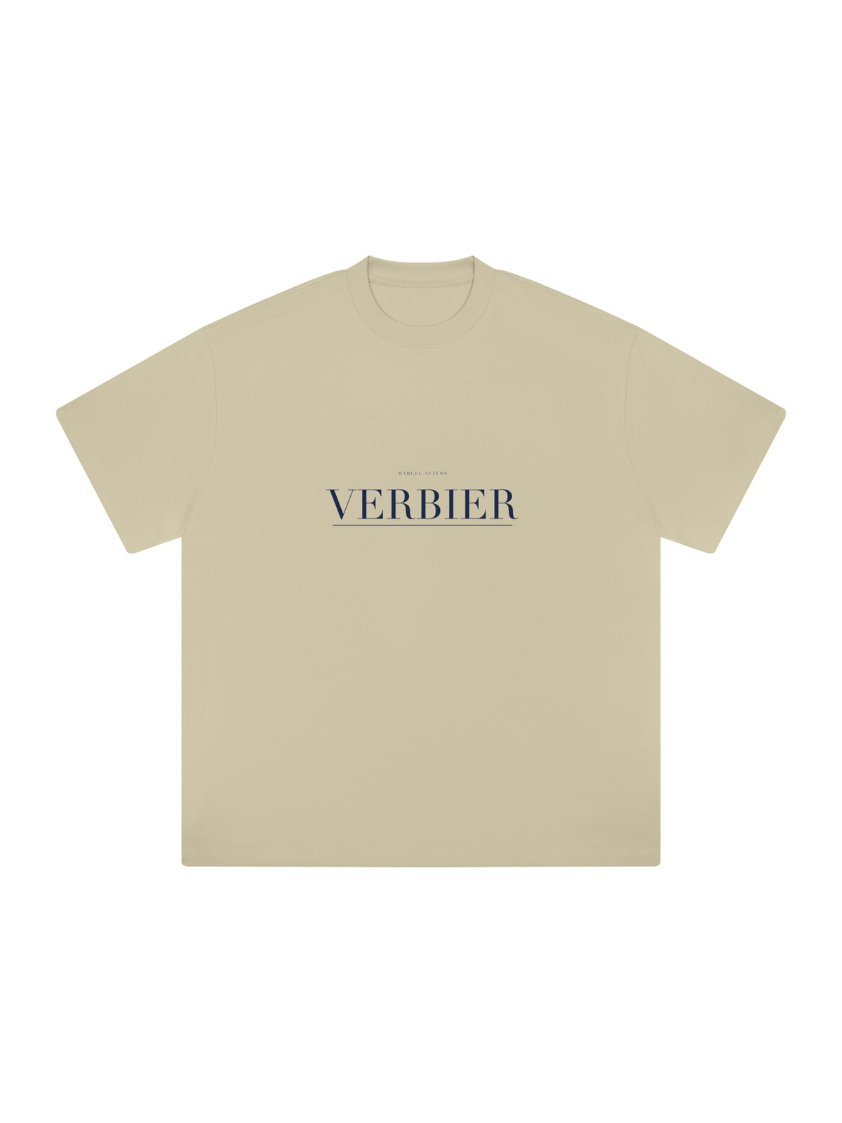 Verbier Heavyweight Drop Shoulder T-Shirt by Marcel Afters in Pale Khaki, front view with the printed artwork, on white