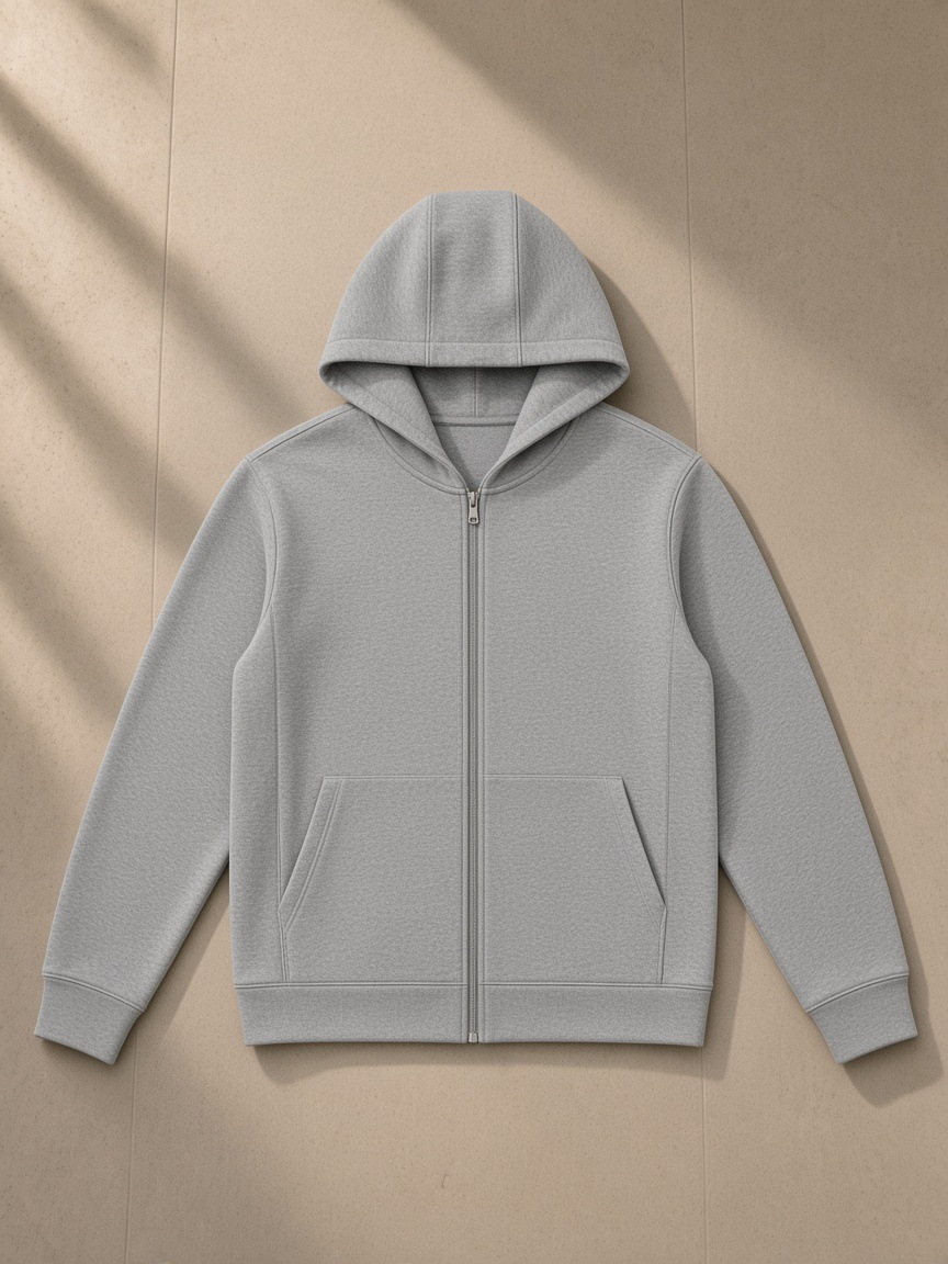 Regular fit full zip hoodie in Flower Gray, laid flat on pale limestone