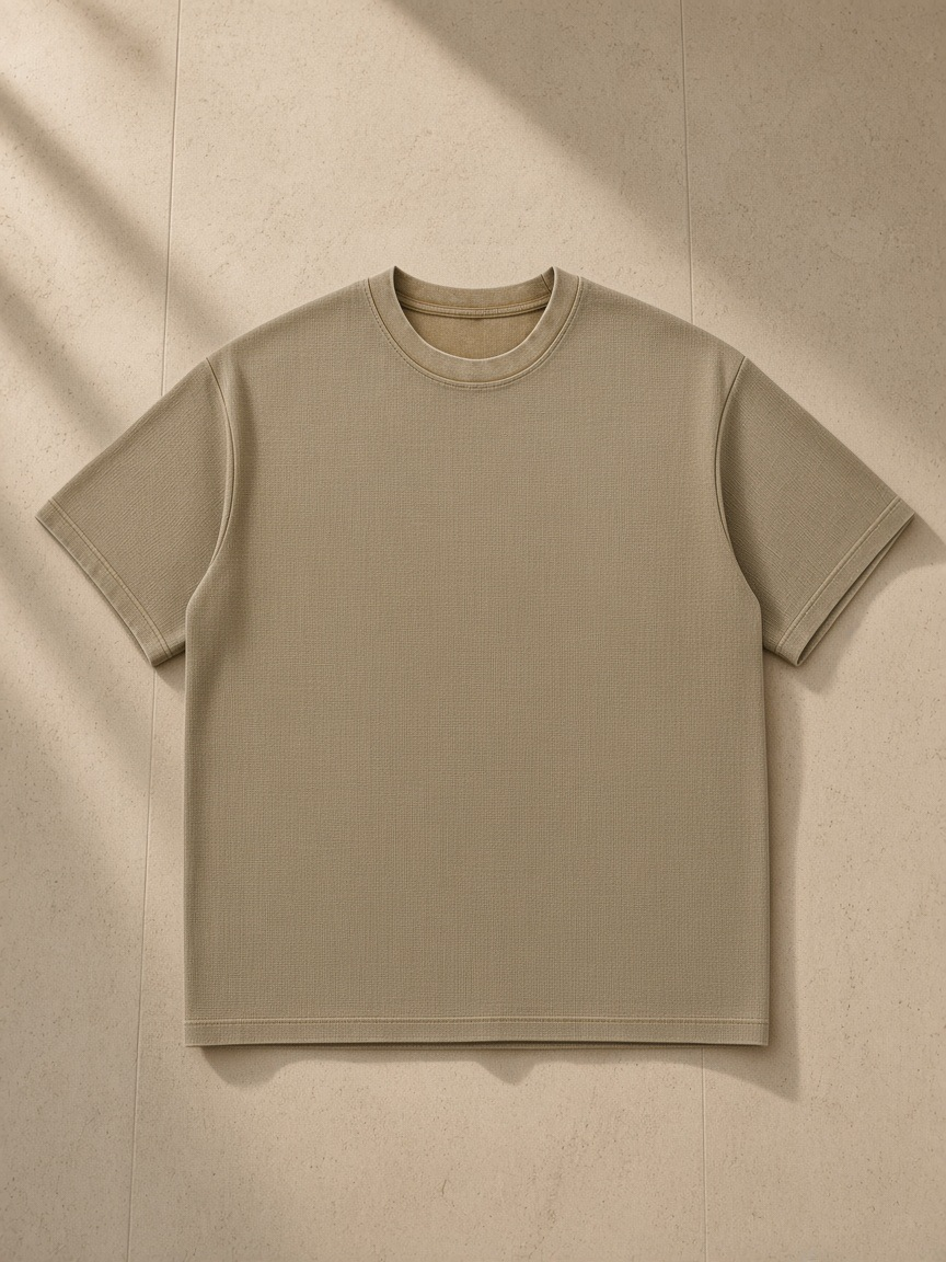 Mineral Wash Waffle Knit T-Shirt in Khaki, laid flat on pale limestone
