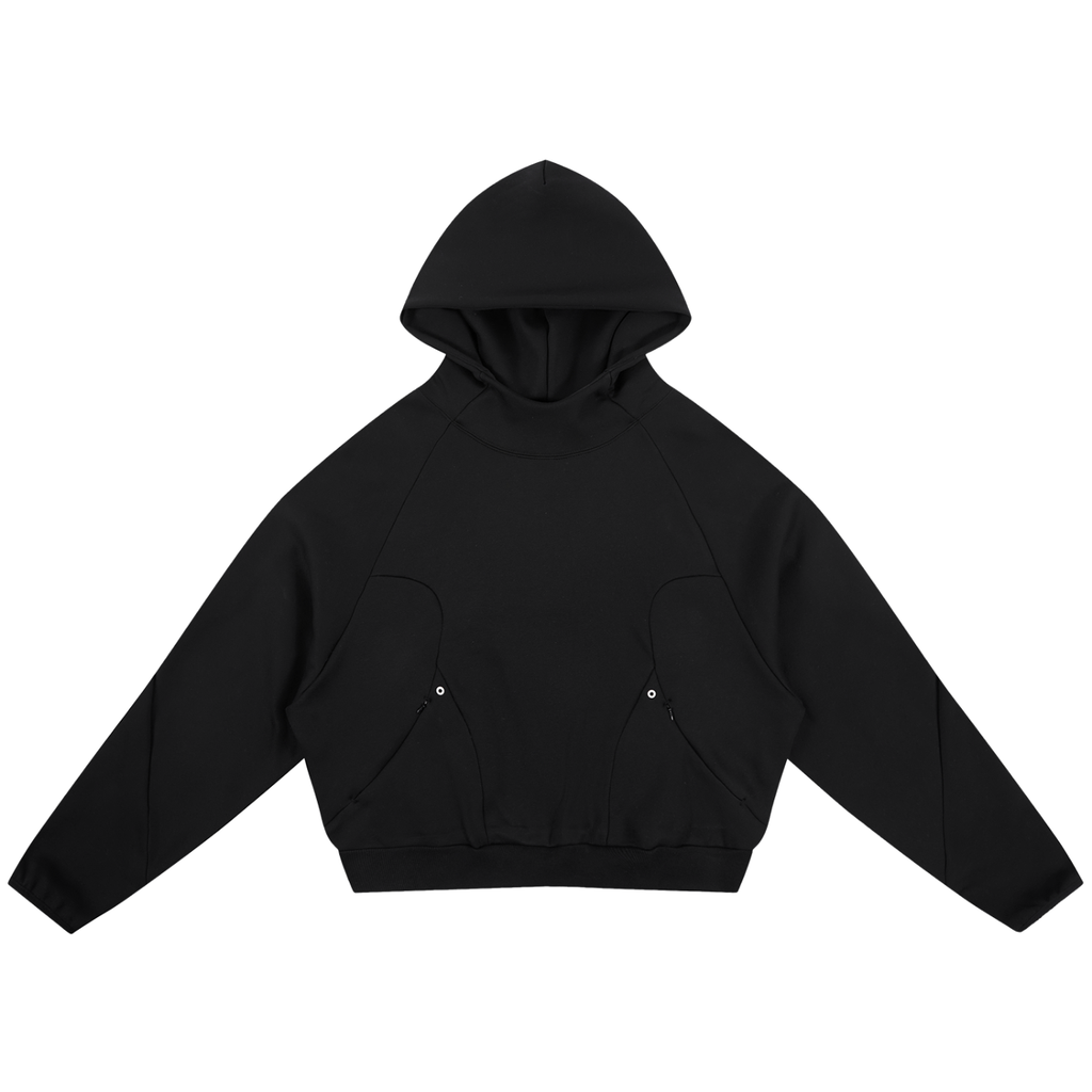 Curved panel raglan hoodie in Black, front view