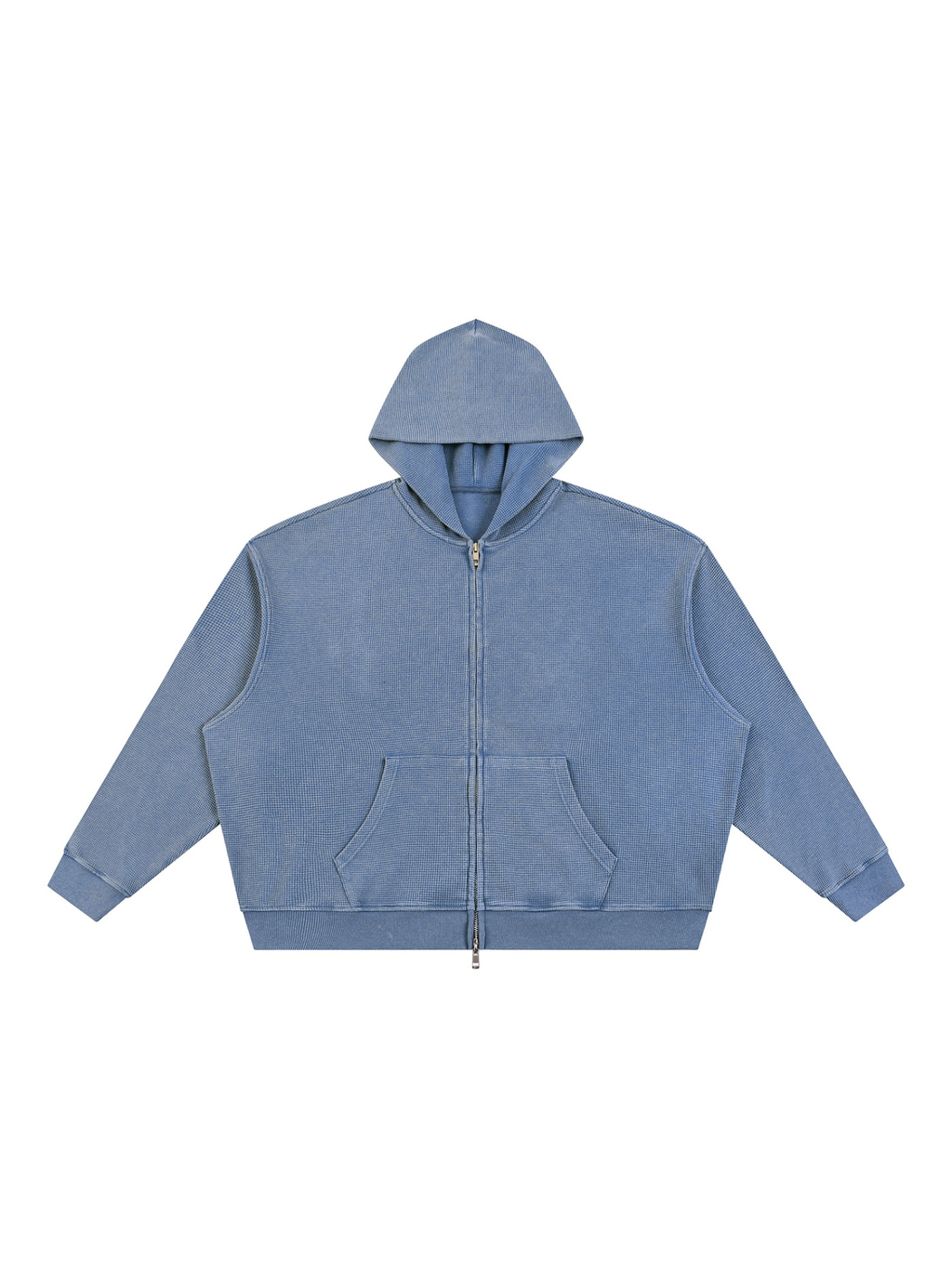 Unisex vintage wash boxy waffle full zip hoodie in Jeans Blue, front view on white. Marcel Afters
