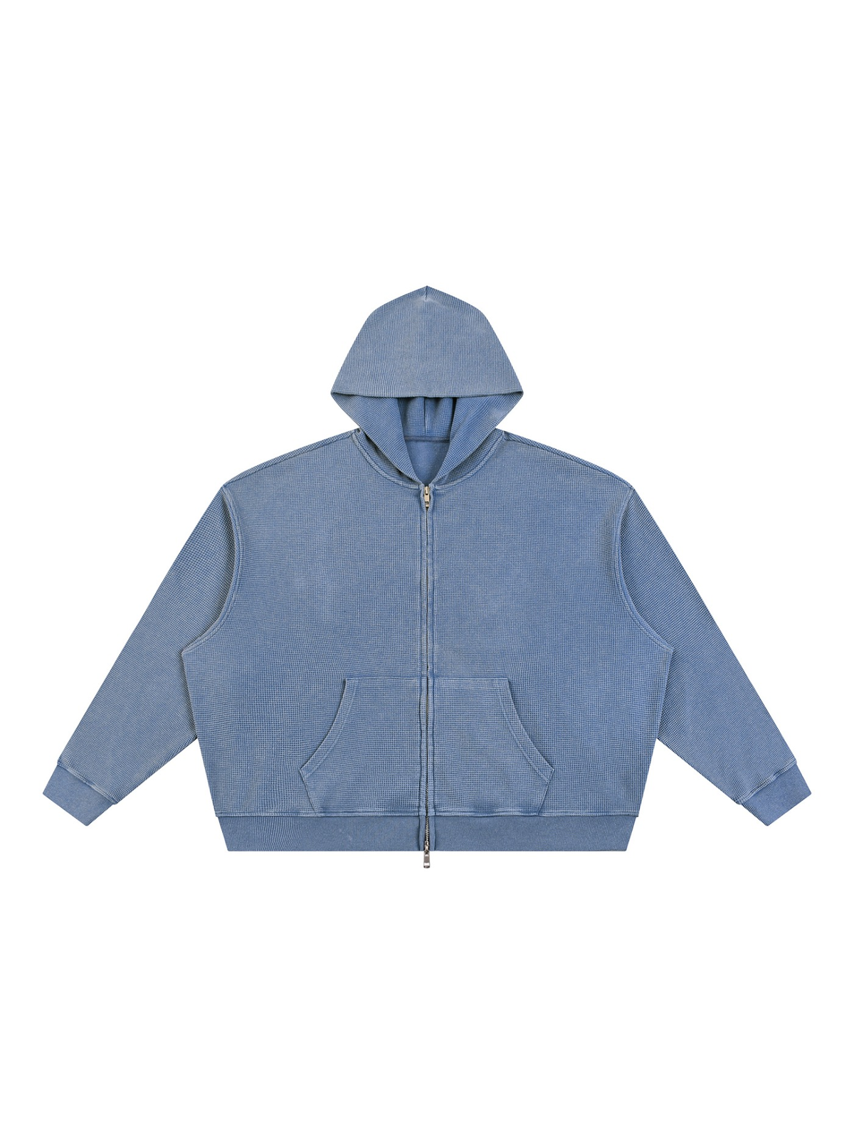 Unisex vintage wash boxy waffle full zip hoodie in Jeans Blue, front view on white. Marcel Afters